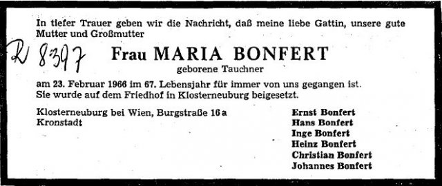 Tauchner Maria 1898-1966 Todesanzeige